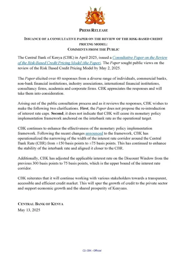 Central Bank of Kenya has clarified that it will not reintroduce interest rate caps and will stick with the interbank rate as the primary policy guide