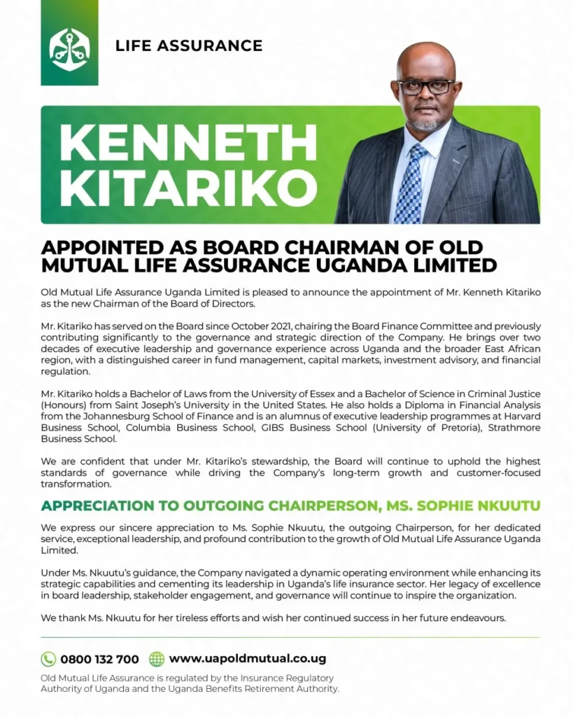 Old Mutual Life Assurance Uganda has appointed Mr. Kenneth Kitariko as its new Board Chairman, bringing over two decades of expertise in finance and corporate governance to stee