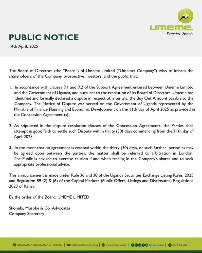 Uganda-listed Umeme announced that negotiations with the government have been extended until May 20, 2025