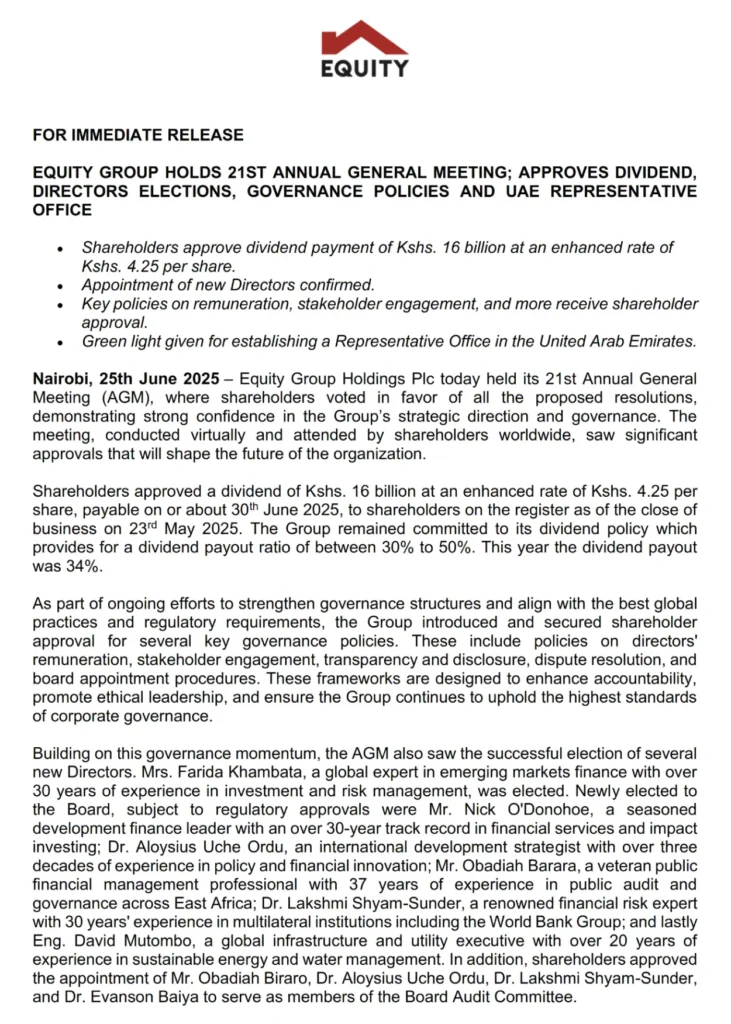 Equity Group Holdings has received shareholder approval to establish a Representative Office in the United Arab Emirates.