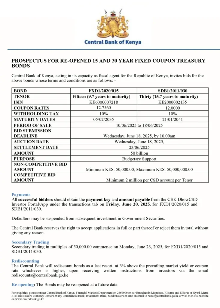 The Central Bank also released the June 2025 Treasury Bond prospectus, detailing the reopening of the FXD1‑2020‑015 (five‑year fixed‑coupon) and SDB1‑2011‑30