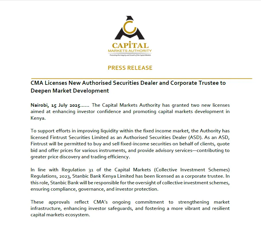 Additionally CMA approved a GBP Fixed Income Fund by Sanlam Investments and Fintrust Securities as an Authorized Securities Dealer