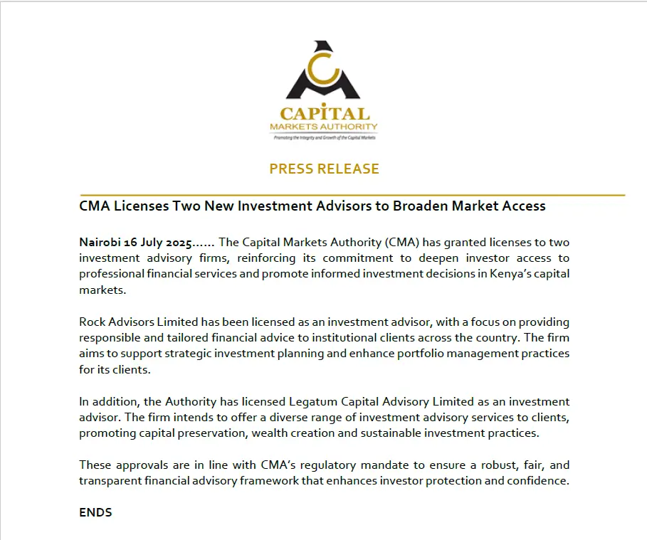 Capital Markets Authority (CMA) has licensed two new investment advisors, Rock Advisors Limited, which will focus on institutional clientele, and Legatum Capital Advisory