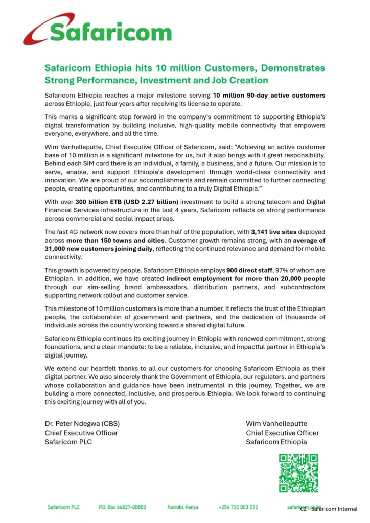 Safaricom Ethiopia has surpassed 10 million active customers, just four years after launching operations.
