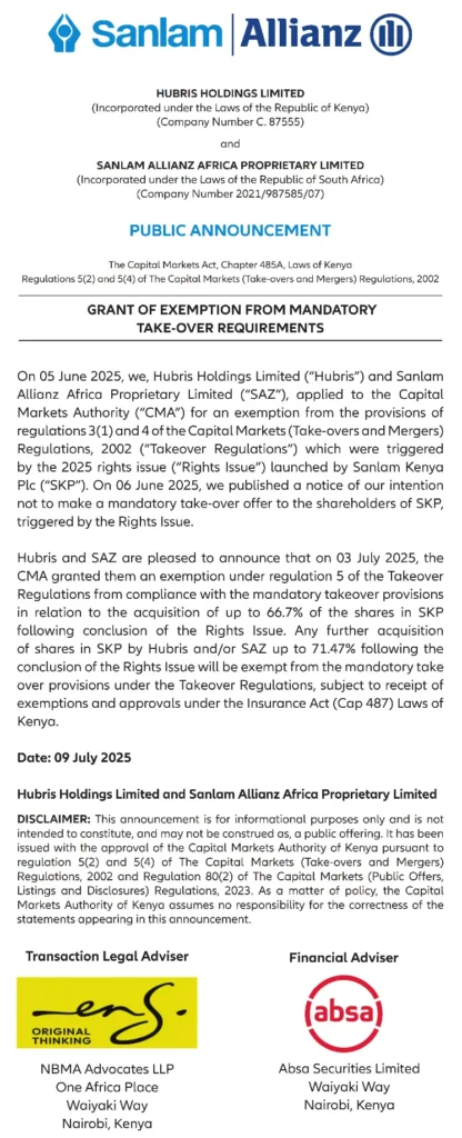 Sanlam Allianz and Hubris Holdings have secured CMA approval for an exemption from Kenya’s mandatory takeover rules.