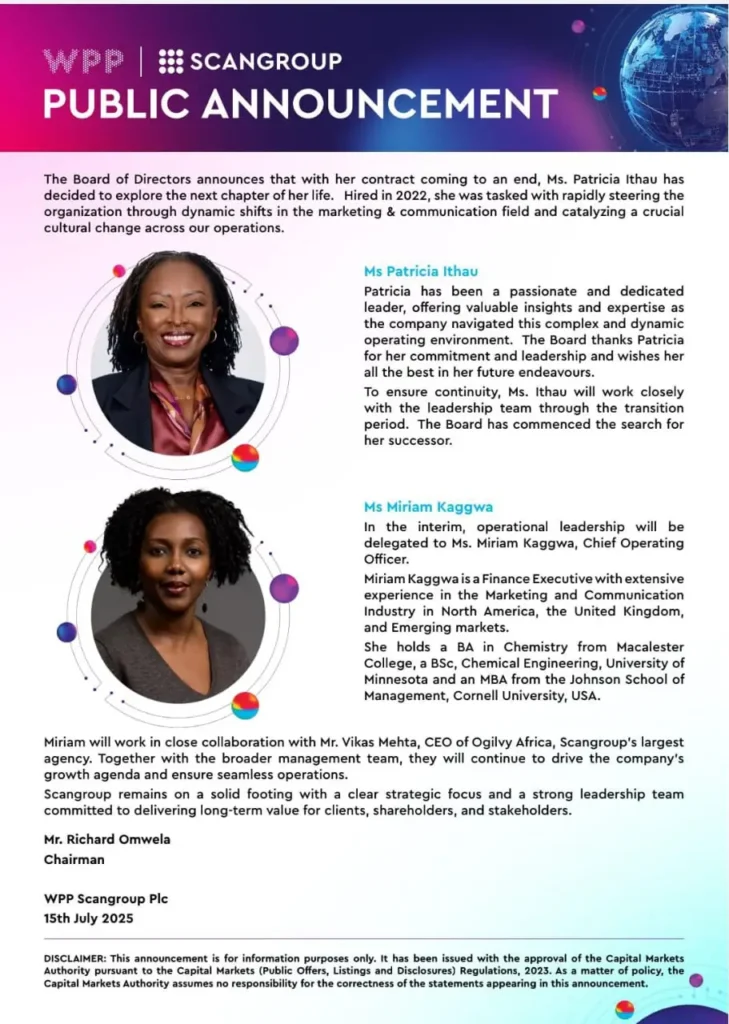 WPP Scangroup CEO Patricia Ithau has officially exited the firm upon completing her three-year contract, which focused on operational restructuring