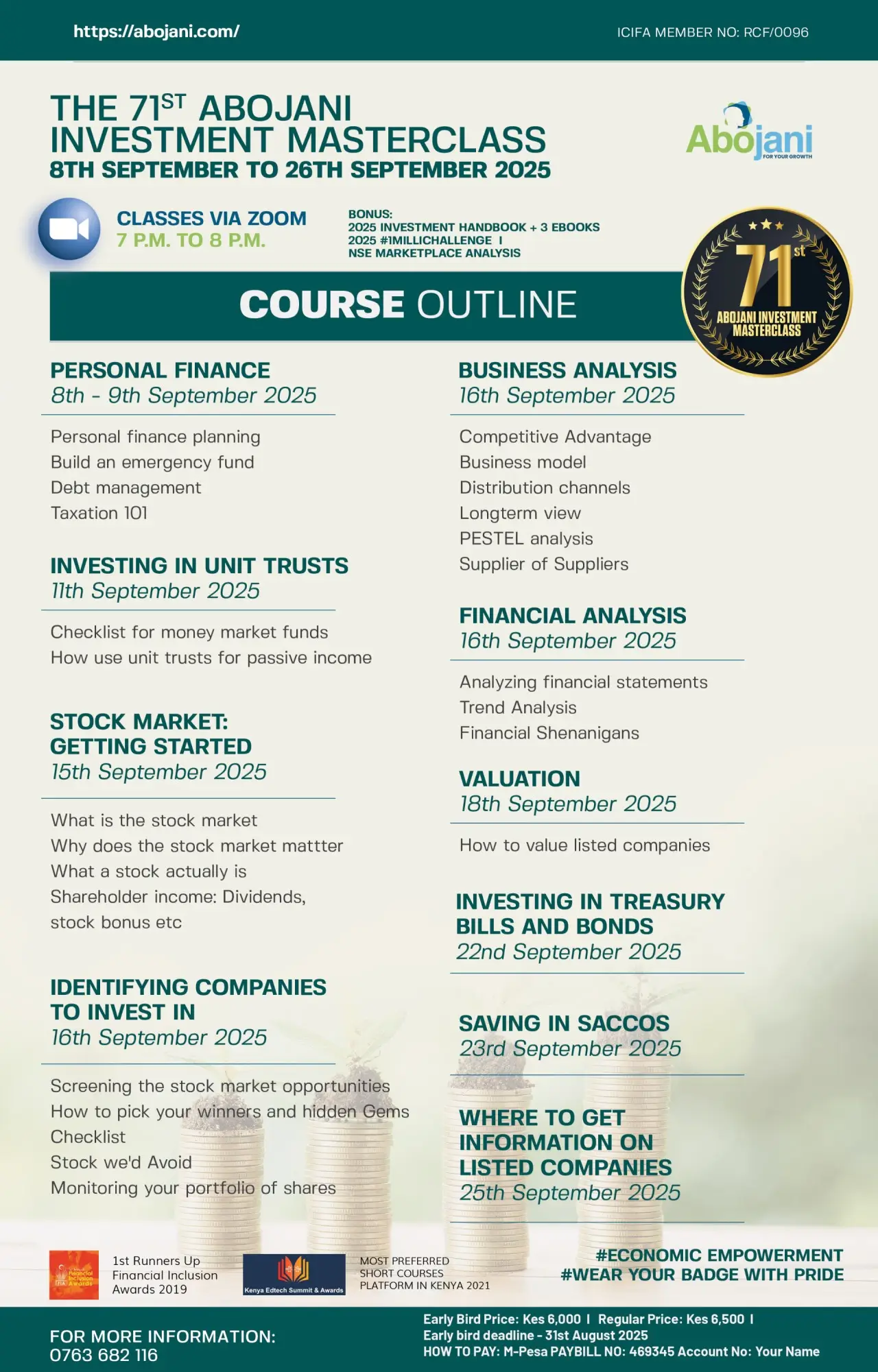 Course Outline - The 71st Abojani Personal Finance and Investment Masterclass Register for September Class, Early Bird Price
