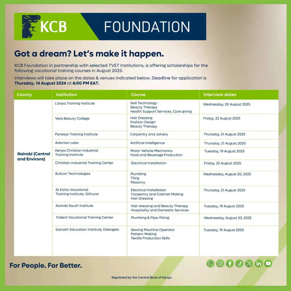 KCB Foundation Opens Applications for Vocational Scholarships The KCB Foundation is accepting applications for vocational training scholarships under the 2Jiajiri Programme
