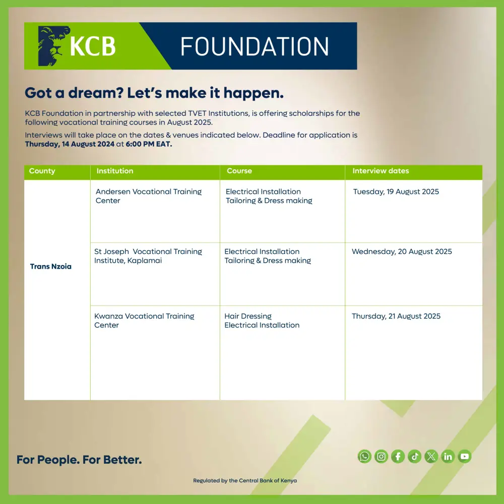 KCB Foundation Opens Applications for Vocational Scholarships The KCB Foundation is accepting applications for vocational training scholarships