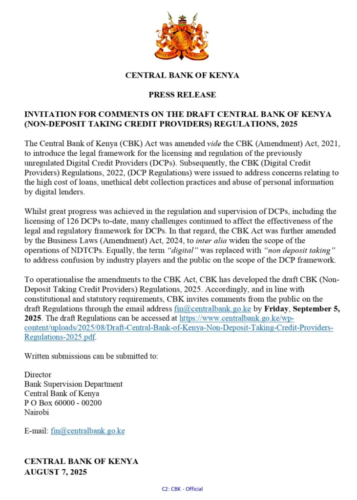 The Central Bank of Kenya has published draft regulations targeting non-deposit-taking credit providers