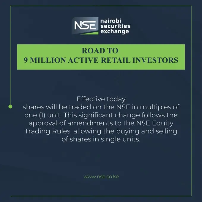 The Nairobi Securities Exchange has updated its Equity Trading Rules to allow shares to be bought and sold in single units.