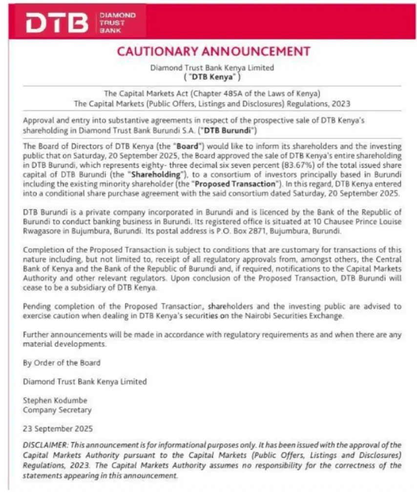 Diamond Trust Bank Kenya has approved the sale of its 83.67pc stake in DTB Burundi