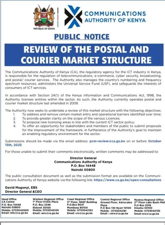 The Communications Authority of Kenya has proposed major changes to the postal and courier sector