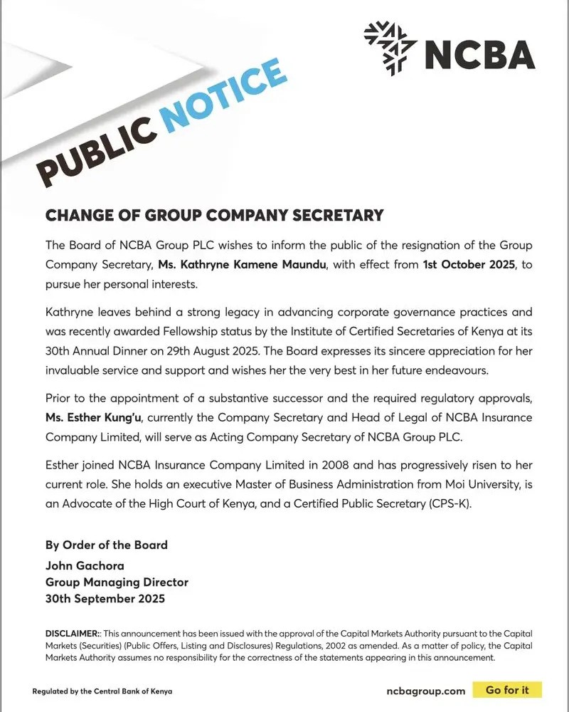 At NCBA Group, the week marked a change in the company secretariat. Kathryne Maundu stepped down from her role as Group Company Secretary, with effect from 1st October