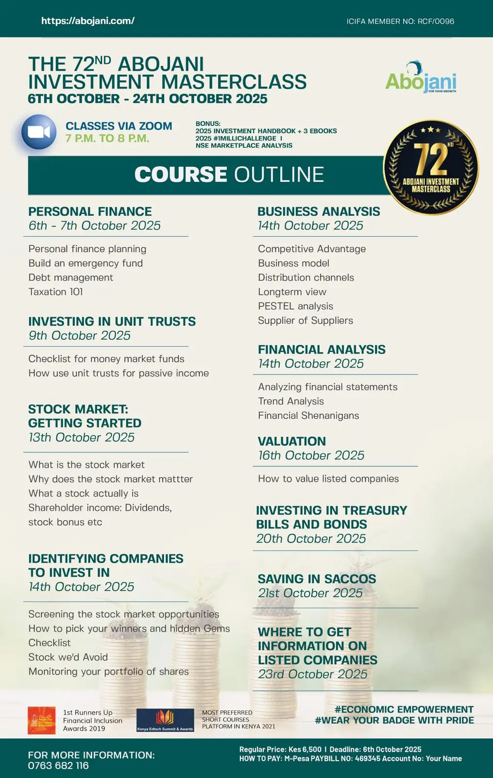 Course Outline - The 72nd Abojani Personal Finance and Investment Masterclass Register for October Personal Finance Training Program Class, Regular Price