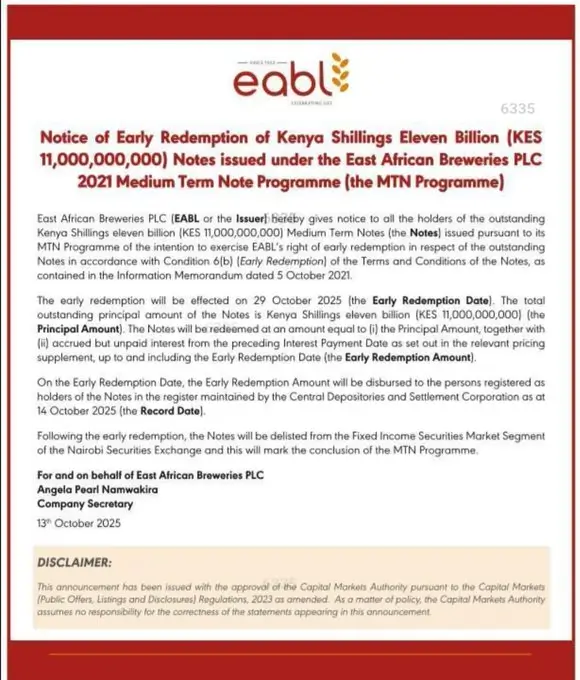 EABL to Redeem Sh11 Billion Bond a Year Early in Strategic Liquidity Push