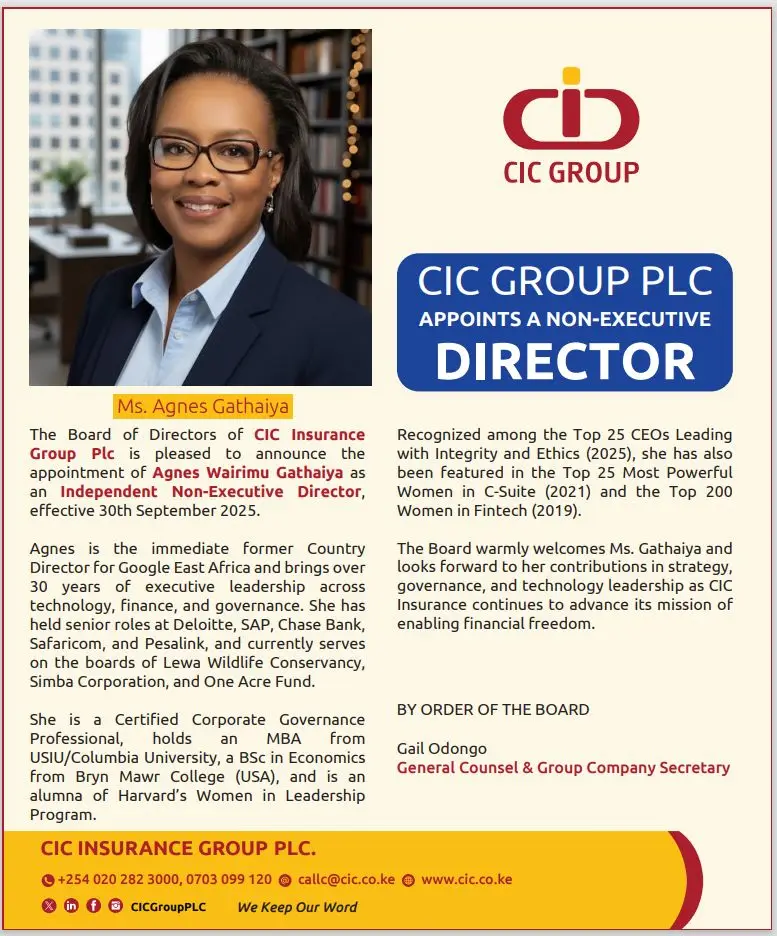 Leading insurance and financial services provider, CIC Group, also strengthened its Board with the appointment of Agnes Gathaiya as an Independent Non-Executive Direct
