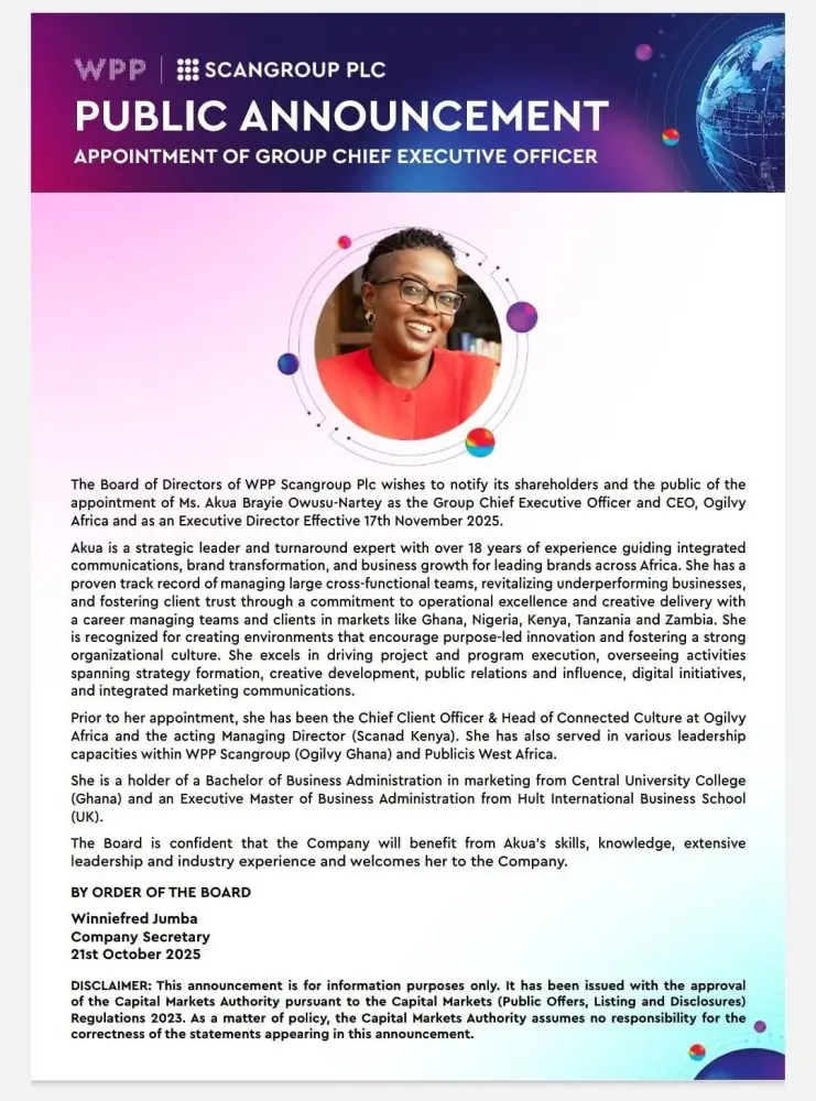 WPP Scangroup Plc has appointed Ms. Akua Brayie Owusu-Nartey as the new Group Chief Executive Officer and CEO, Ogilvy Africa, effective 17th November 2025
