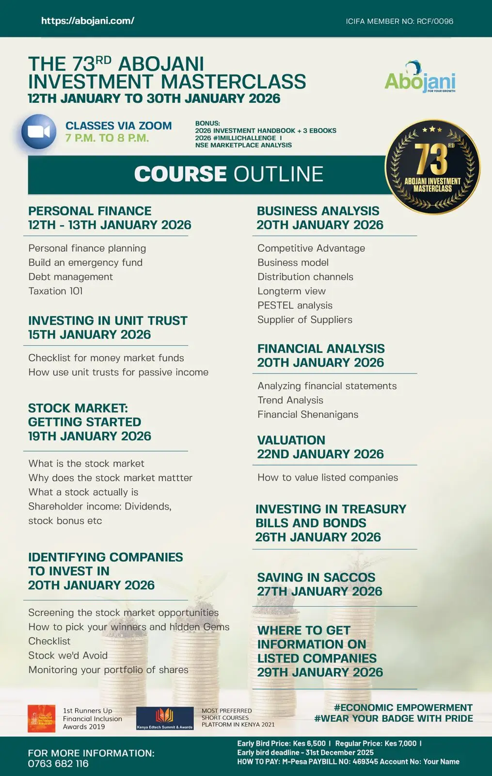 Course Outline The 73rd Abojani Personal Finance and Investment Masterclass Register for January 2026 Personal Finance Training Program Class, Early Bird Price