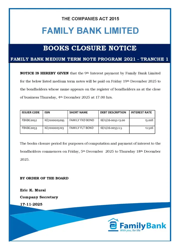 Family Bank will pay the 9th interest installment on Friday, 19th December 2025