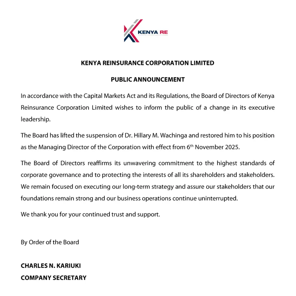Kenya Reinsurance Corporation reinstated Dr. Hillary M. Wachinga as Managing Director, effective 6th November 2025, following the lifting of his suspension