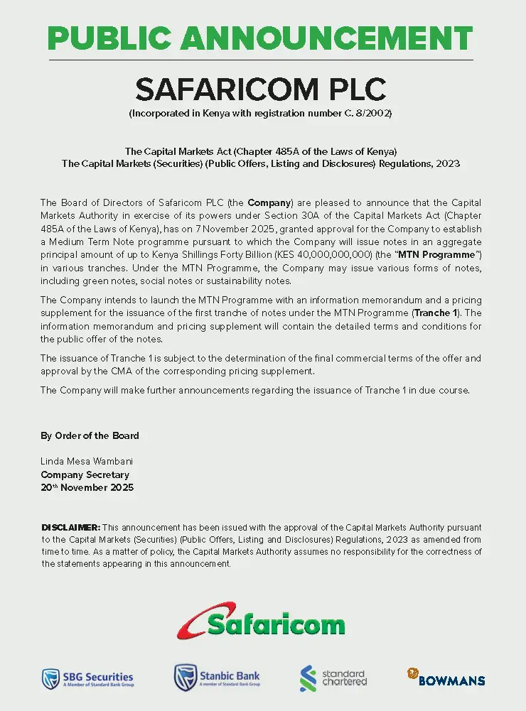 Safaricom received regulatory approval from the Capital Markets Authority to issue bonds worth up to KES 40 billion
