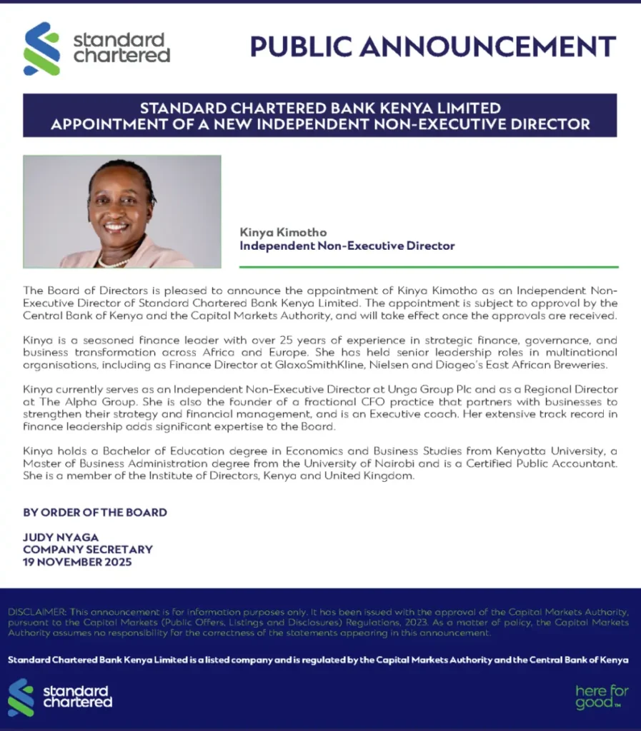 Standard Chartered Bank Kenya has appointed Kinya Kimotho as an Independent Non-Executive Director, adding seasoned leadership experience to its governance structure