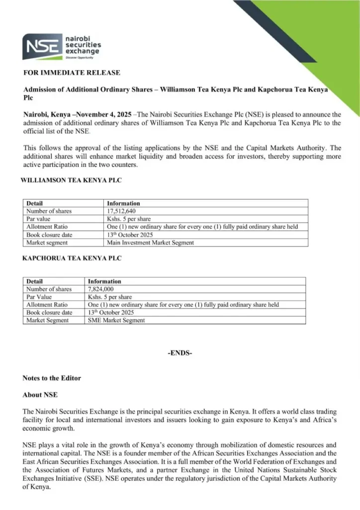 Tea Firms List Additional Shares on the NSE Williamson Tea Kenya Plc and Kapchorua Tea Kenya Plc