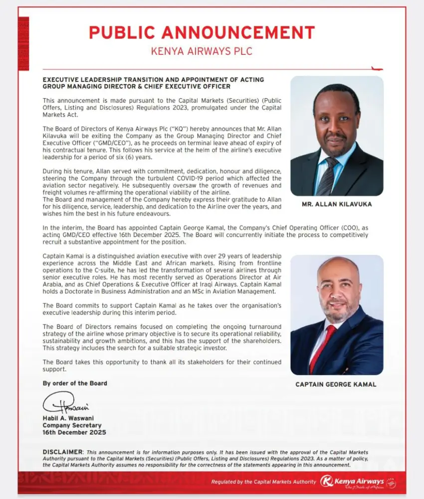Allan Kilavuka proceeded on terminal leave as Group CEO of Kenya Airways, stepping aside ahead of the expiry of his contract