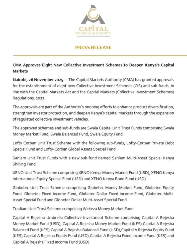 Capital Markets Authority approved eight new CIS on 26 November 2025