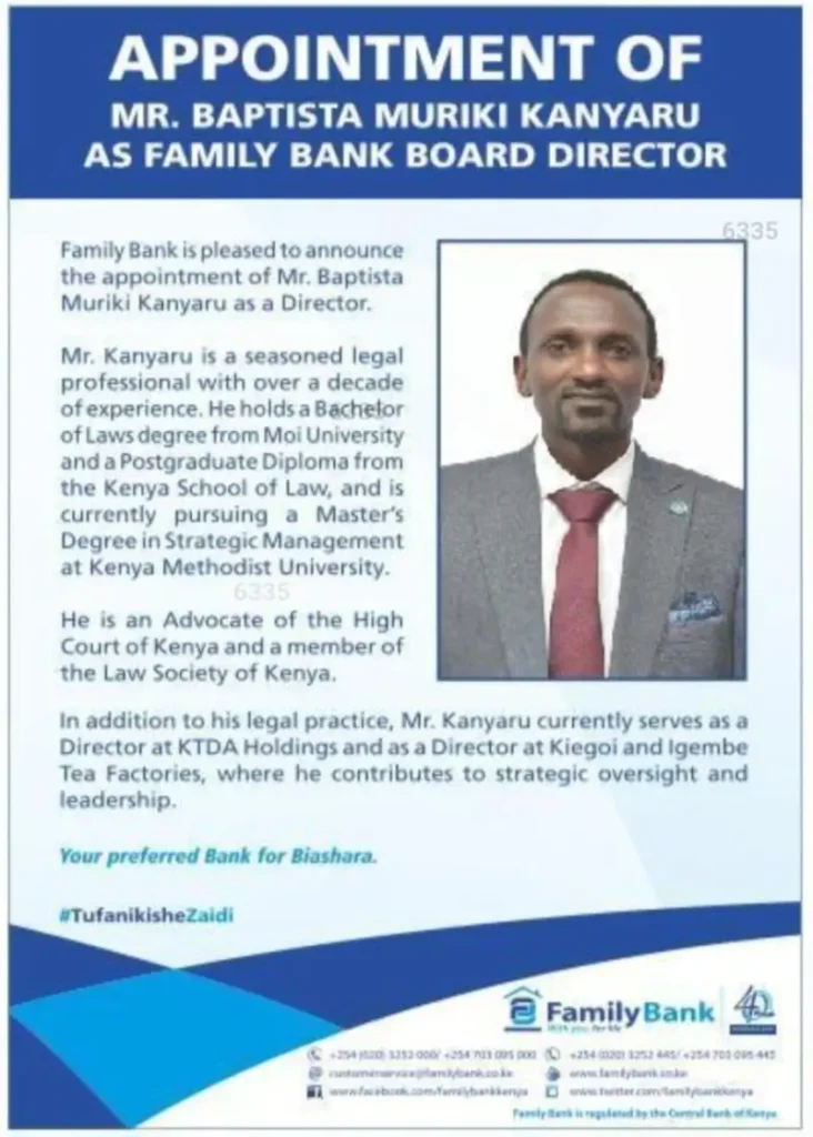 Family Bank appointed Baptista Muriki Kanyaru to its Board of Directors