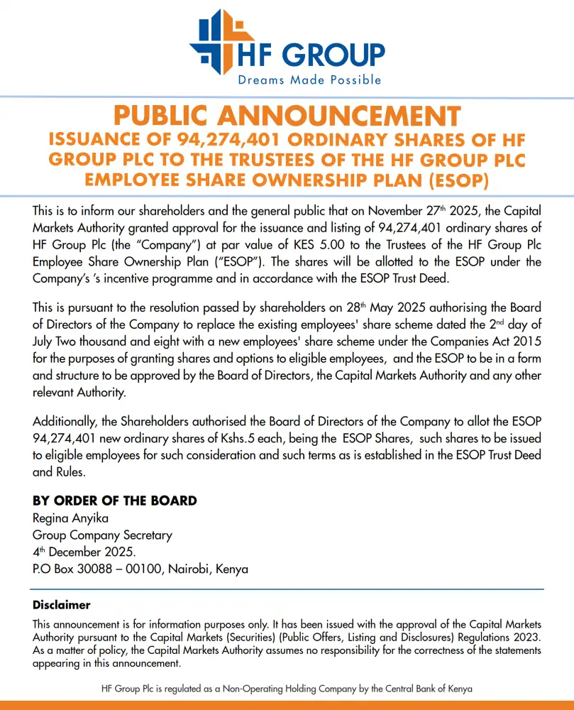 HF Group has been approved to issue 94.3M shares to employees through Employee Share Ownership Plan (ESOP)