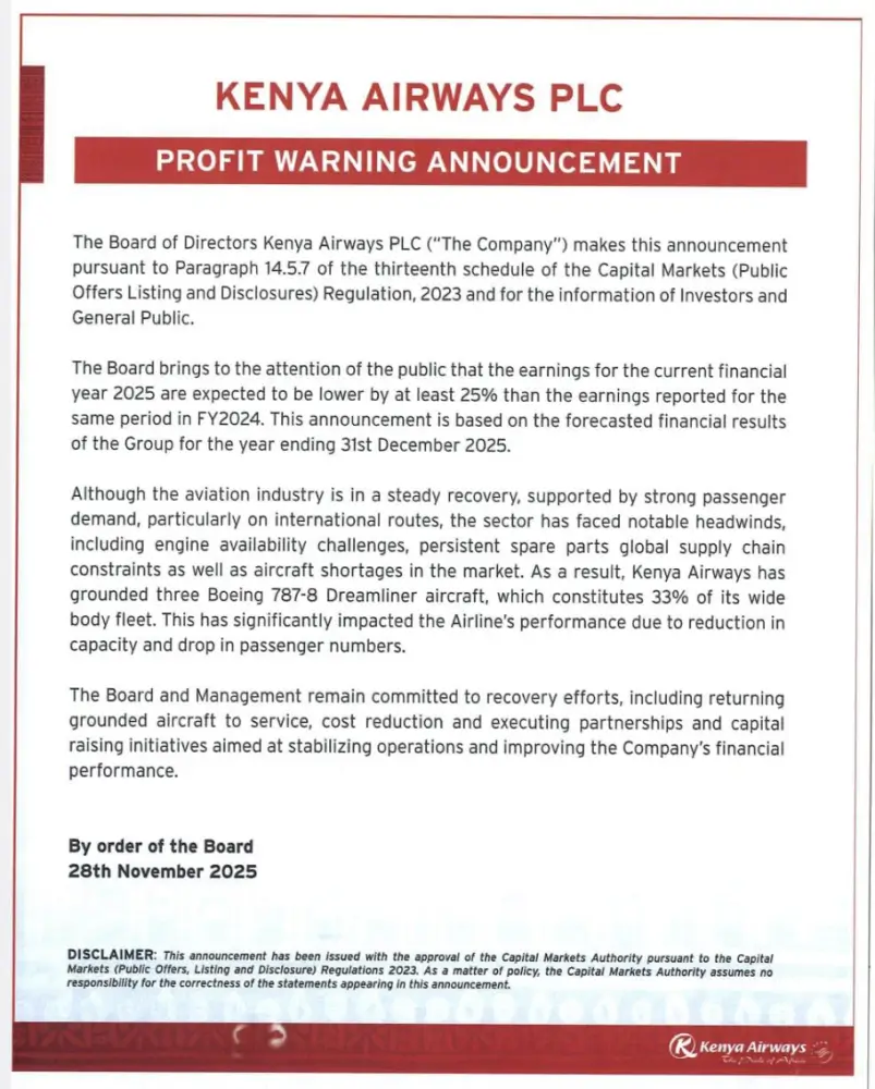 Kenya Airways projected at least a 25pc drop in full-year earnings for 2025 due to reduced passenger numbers following the grounding of a third of its wide-bodied aircraft