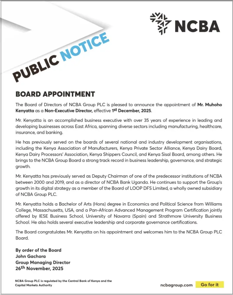 Muhoho Kenyatta has been appointed as a Non-Executive Director at NCBA Group