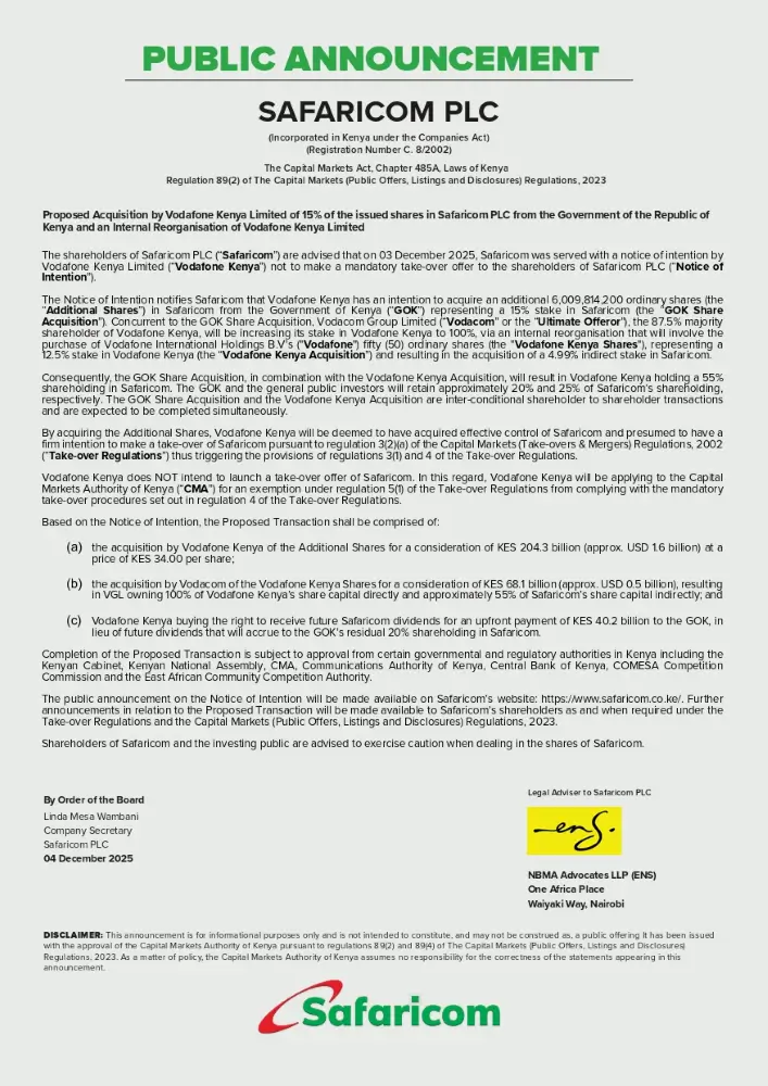 Vodafone Kenya plans to acquire 15pc of the government’s stake in Safaricom at KES 34 per share, a deal expected to raise KES 204.3 billion for the government.