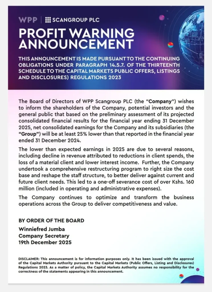 WPP Scangroup issued its third consecutive profit warning, projecting that earnings for the year ending December 31, 2025 will decline by at least 25 percent amid reduced client spending and the lo