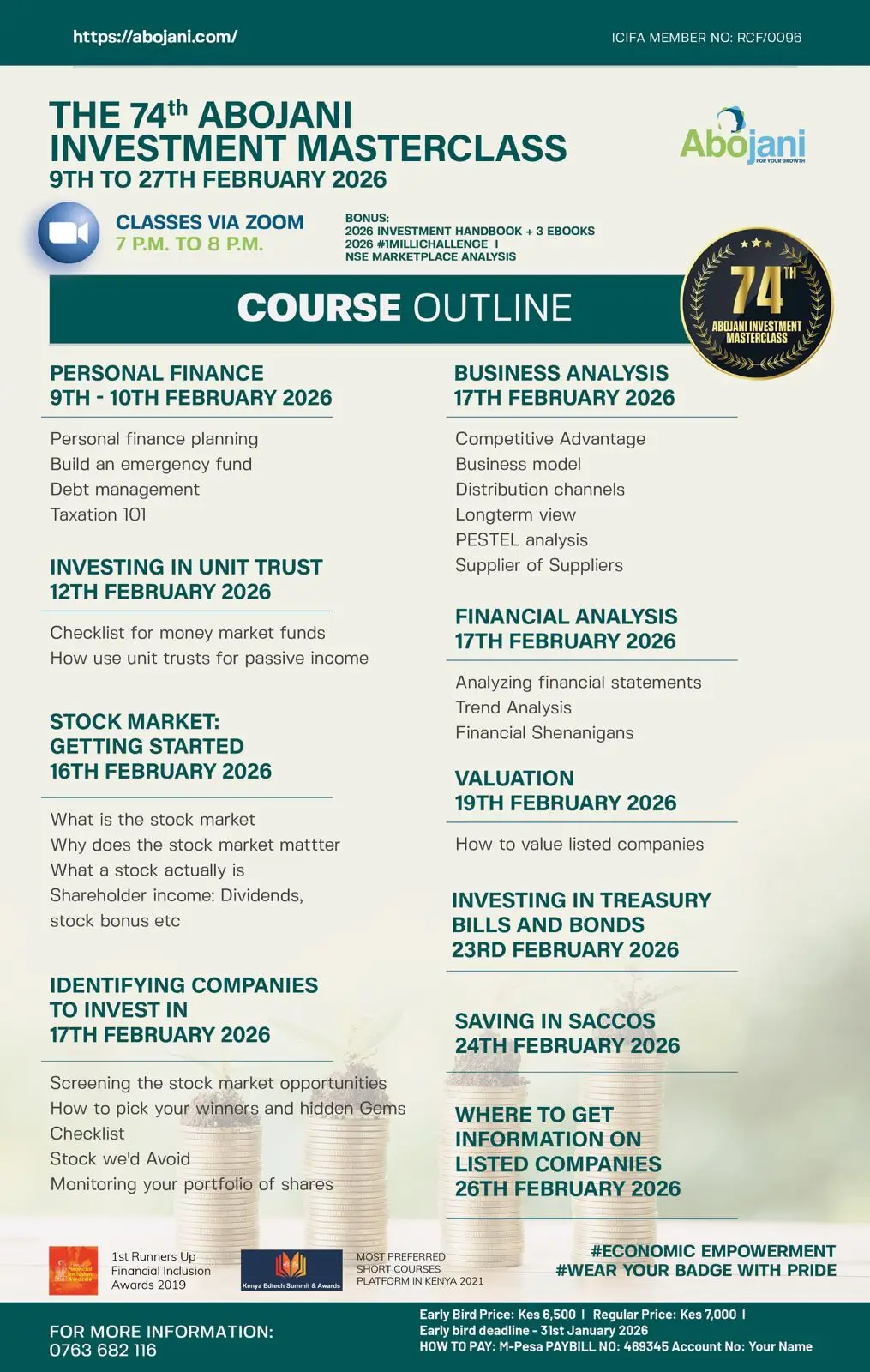 Course Outline for The 74th Abojani Personal Finance and Investment Masterclass Register for February 2026 Personal Finance Training Program Class, Early Bird Price