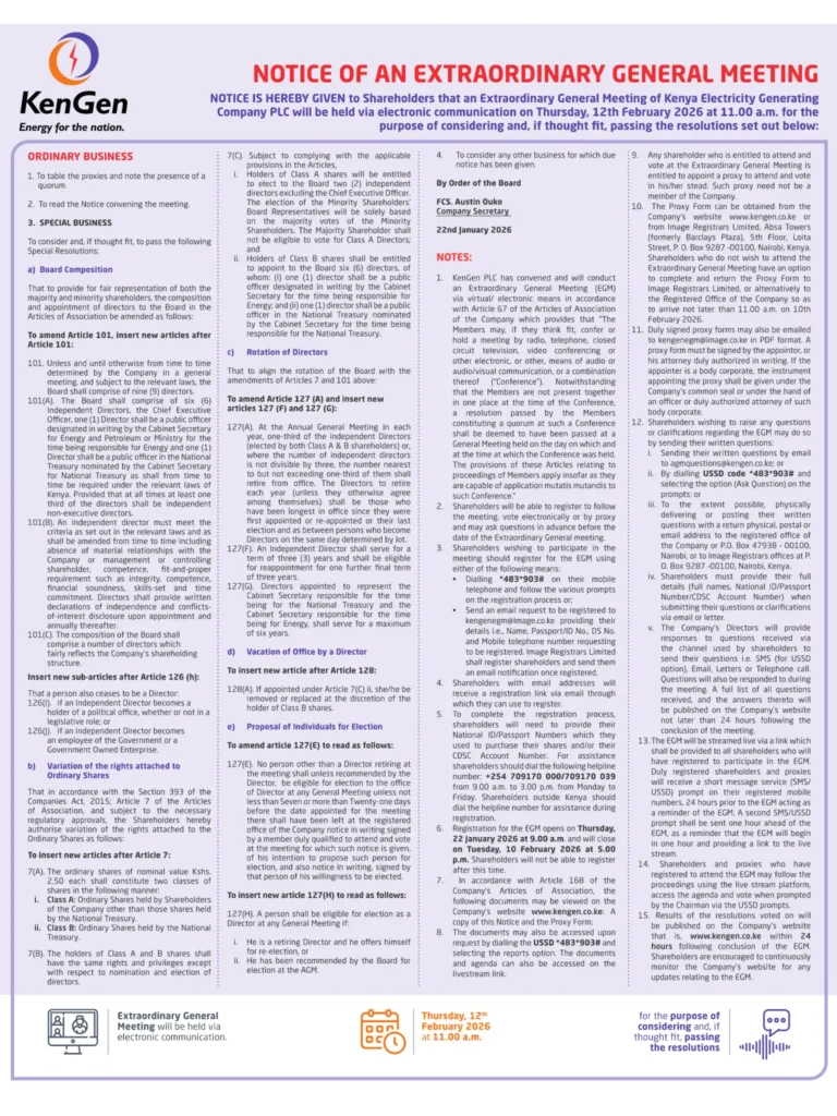 KenGen will hold an Extraordinary General Meeting to seek shareholder approval for governance changes