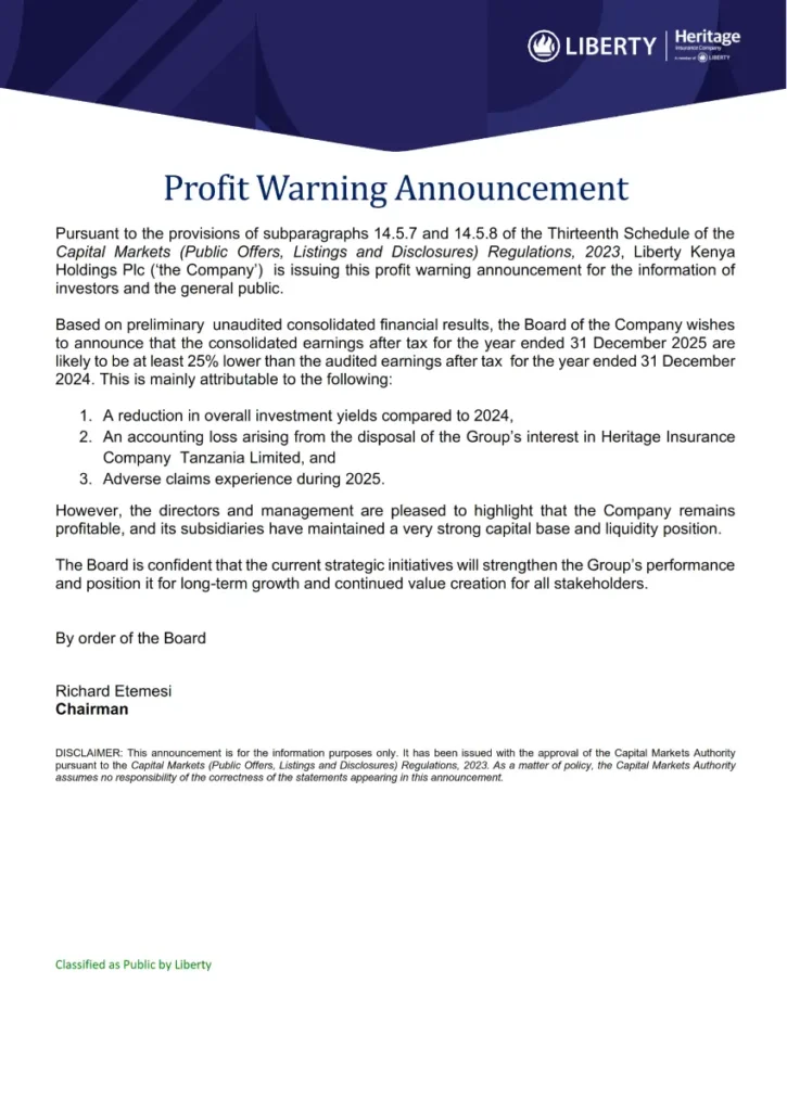 Liberty Kenya has issued a profit warning for the financial year ended December 31, 2025.