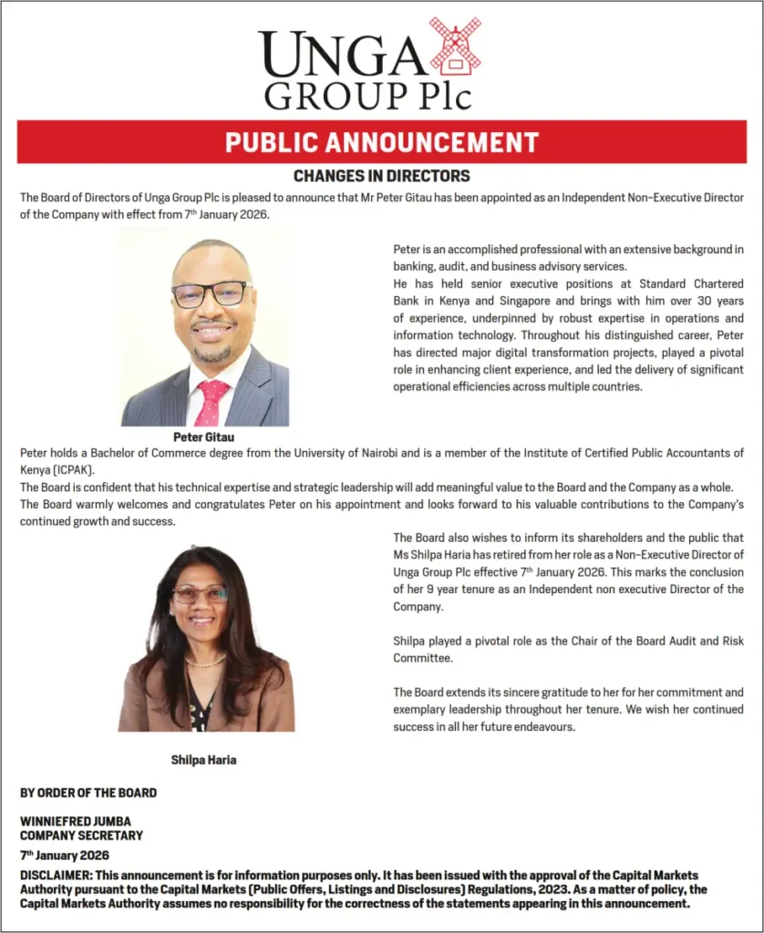 Mr. Peter Gitau has been appointed as an Independent Non-Executive Director of Unga Group Plc, following the retirement of Ms. Shilpa Haria.