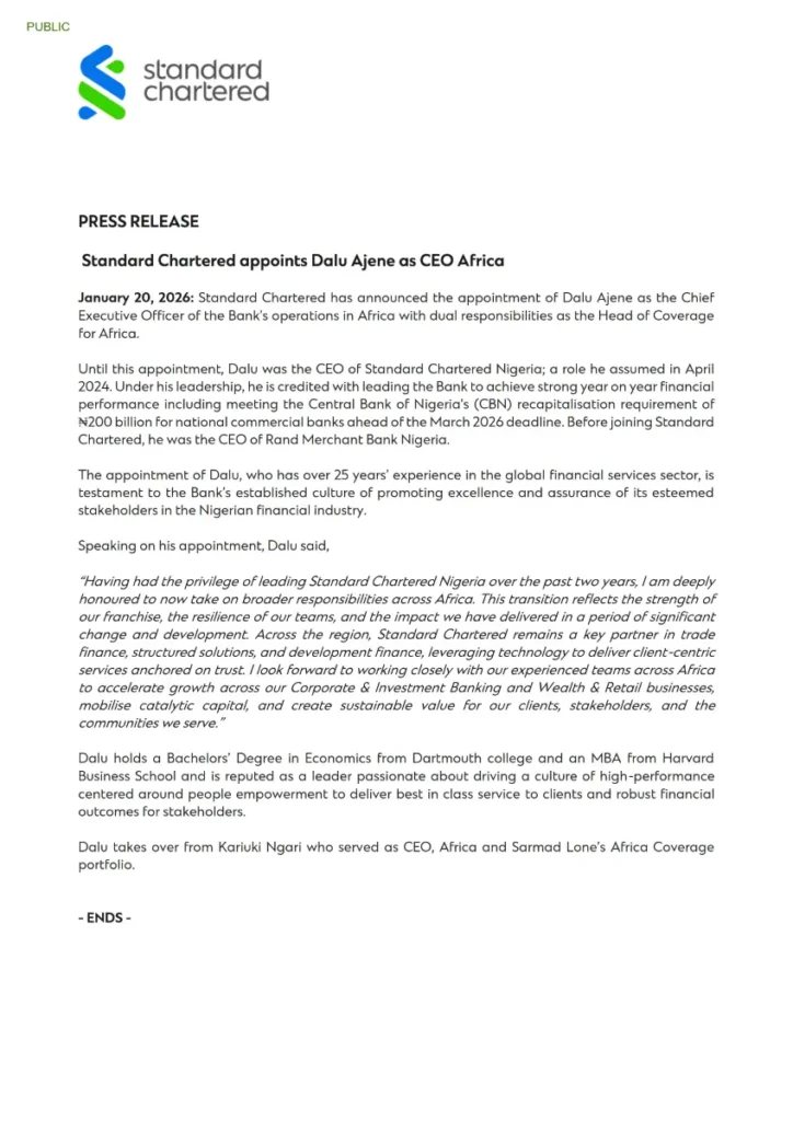Press Release Dalu Ajene has been appointed as the new Chief Executive Officer of the Bank’s operations in Africa, taking on dual responsibilities as Head of Coverage for Africa
