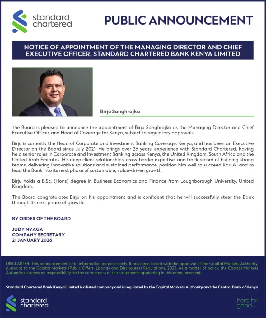 Public Announcement StanChart appoints Birju Sanghrajka as the new Managing Director and CEO of Standard Chartered Bank Kenya.