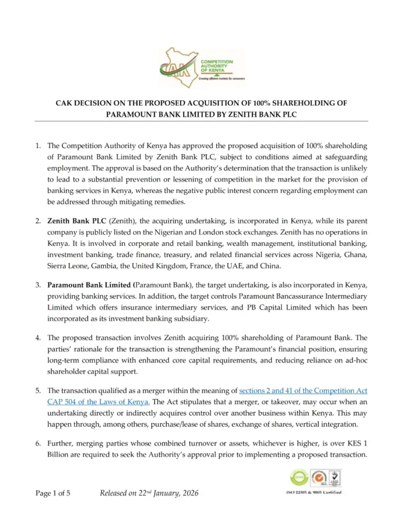 Zenith Bank, Nigeria’s second biggest lender by market cap, gets green light to acquire Paramount Bank CAK Decision