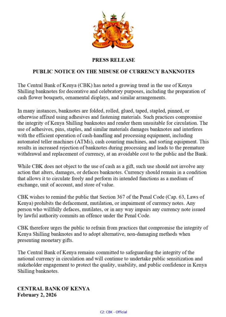 CBK Warns Against Misuse of Banknotes