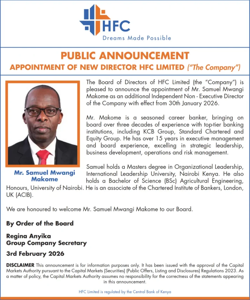 HFC Limited named Samuel Mwangi Makome as an Independent Non-Executive Director.