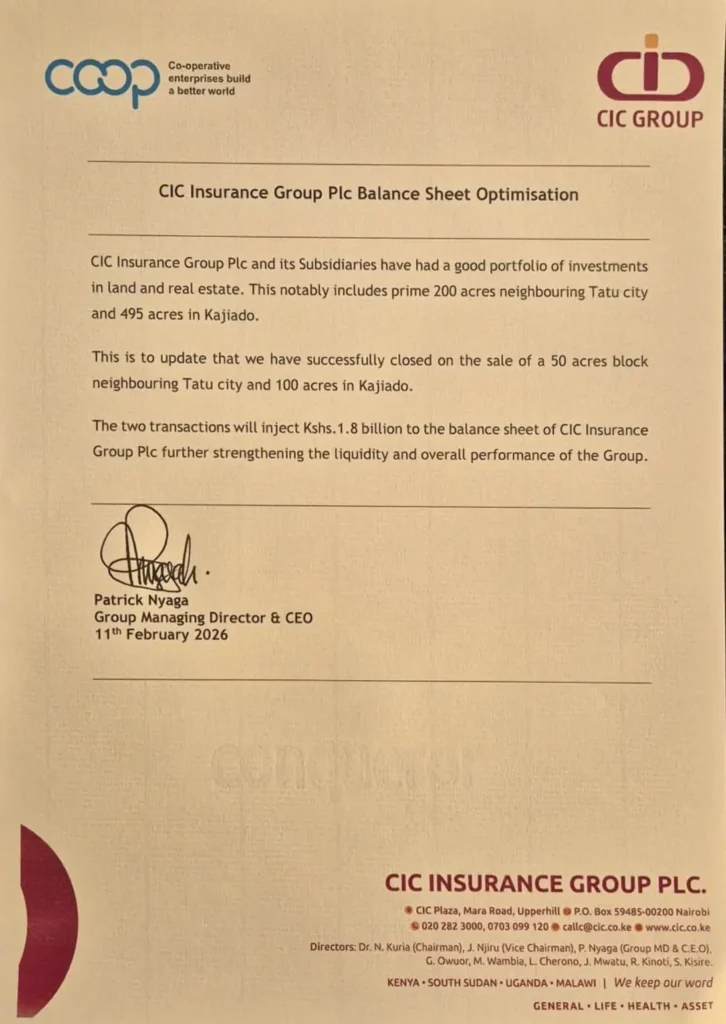 In corporate moves, CIC Insurance Group Plc successfully closed the sale of a 50-acre block near Tatu City and 100 acres in Kajiado, injecting Ksh 1.8 billion into the group’s balance