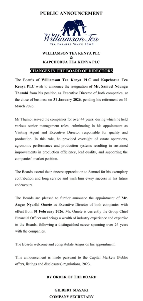 In the tea sector, Williamson Tea Kenya and Kapchorua Tea Kenya appointed Angus Omete as Executive Director