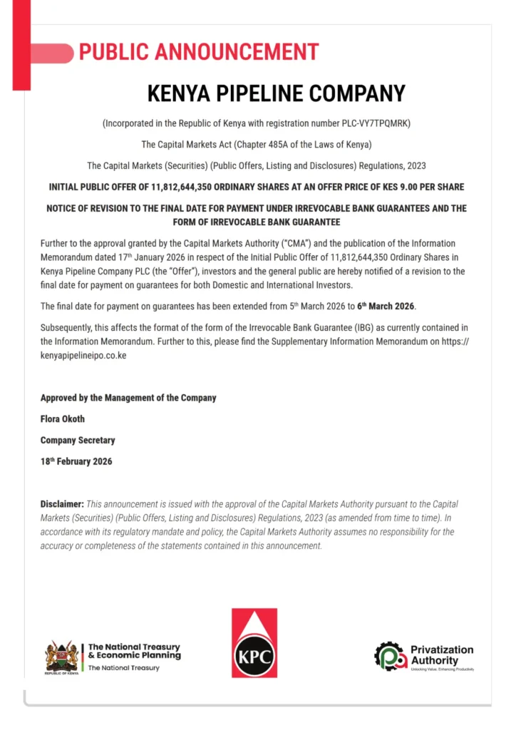 KPC IPO investors using bank guarantees now have until March 6, 2026, to complete payments, up from March 5.