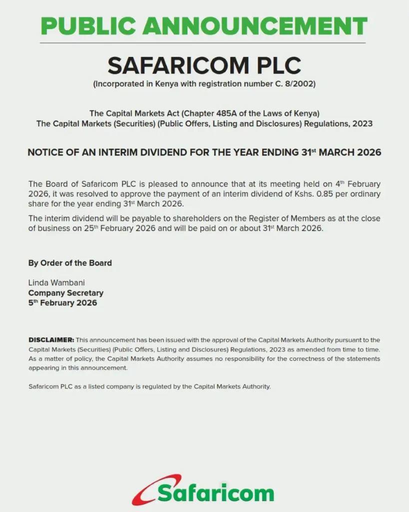 Safaricom Raises Interim Dividend Public Announcement Safaricom PLC