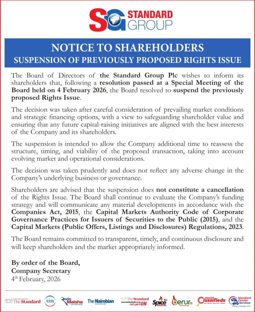 Standard Group PLC has suspended its planned Sh1.5 billion rights issue.